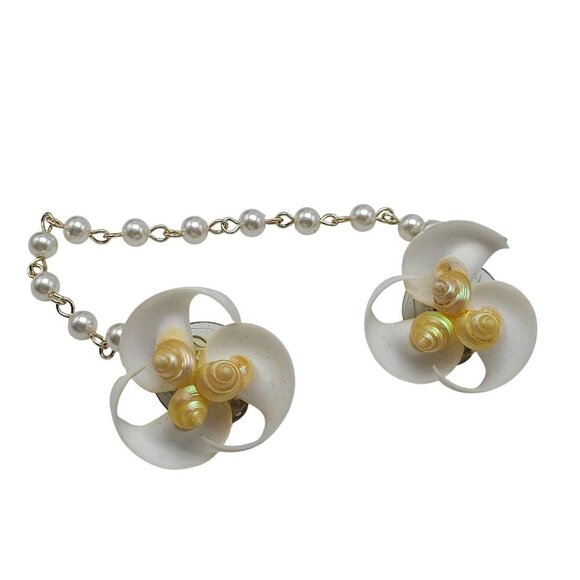 Vintage Shell Pearl Clip-On Sweater Guard Chain 1950s Retro Jewelry Accessory - Picture 1 of 4